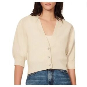 Sandro Womens 100% Wool Cardigan Sweater Small Short Sleeve Puff V Neck